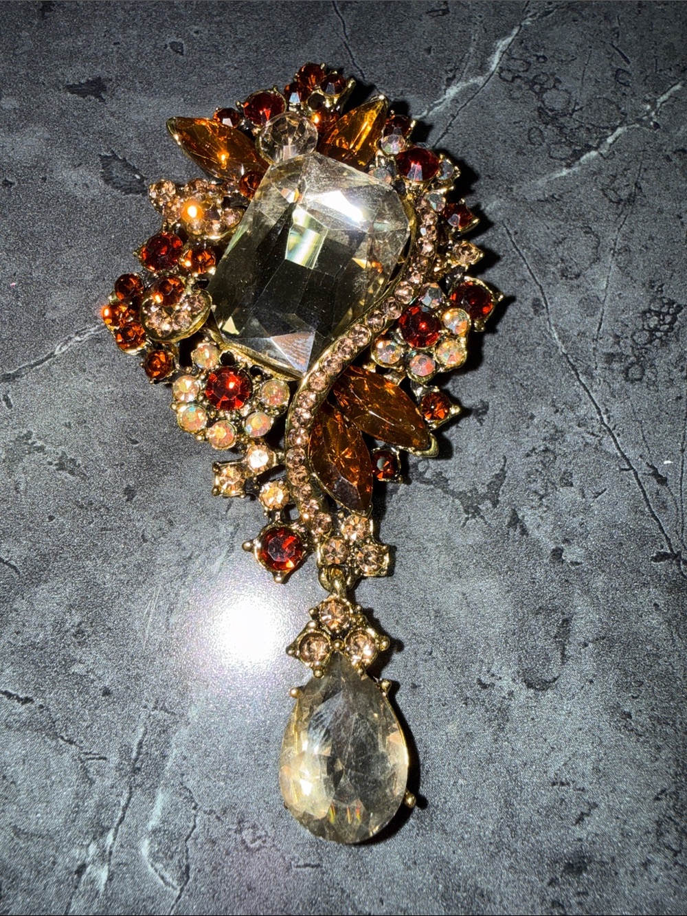 Vintage-Style Gold and Amber Crystal Drop Brooch